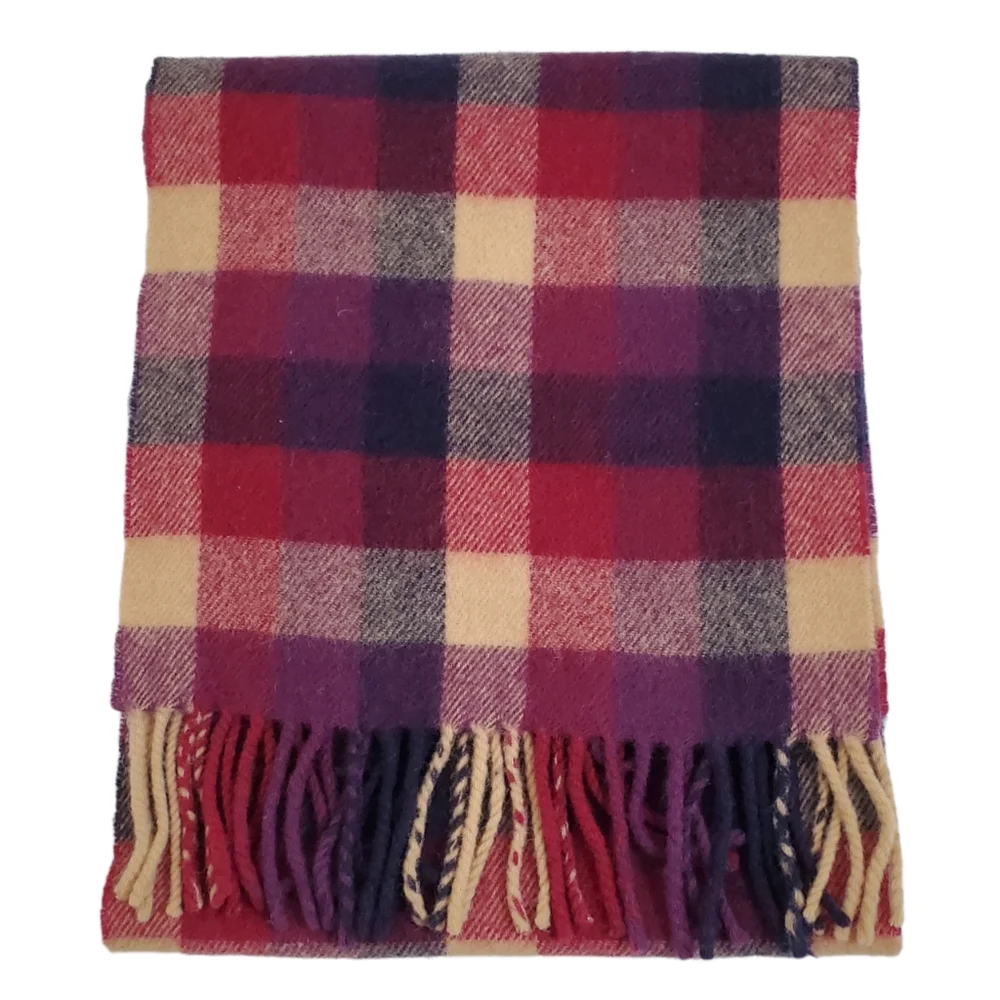 Maban of Scotland Plaid Fringe Scarf Pure New Lambswool Burgundy Black Tan